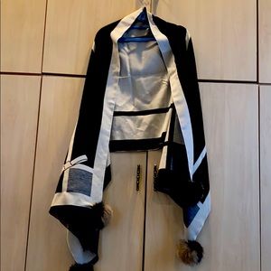 Shawl Wrap with  real fur Pom Pom REVERSIBLE